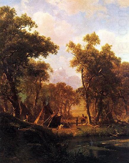 Indian Encampment, Shoshone Village - in a riparian forest, western United States, Albert Bierstadt